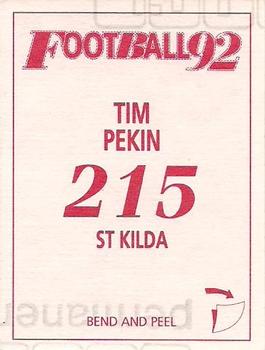 1992 Select AFL Stickers #215 Tim Pekin Back